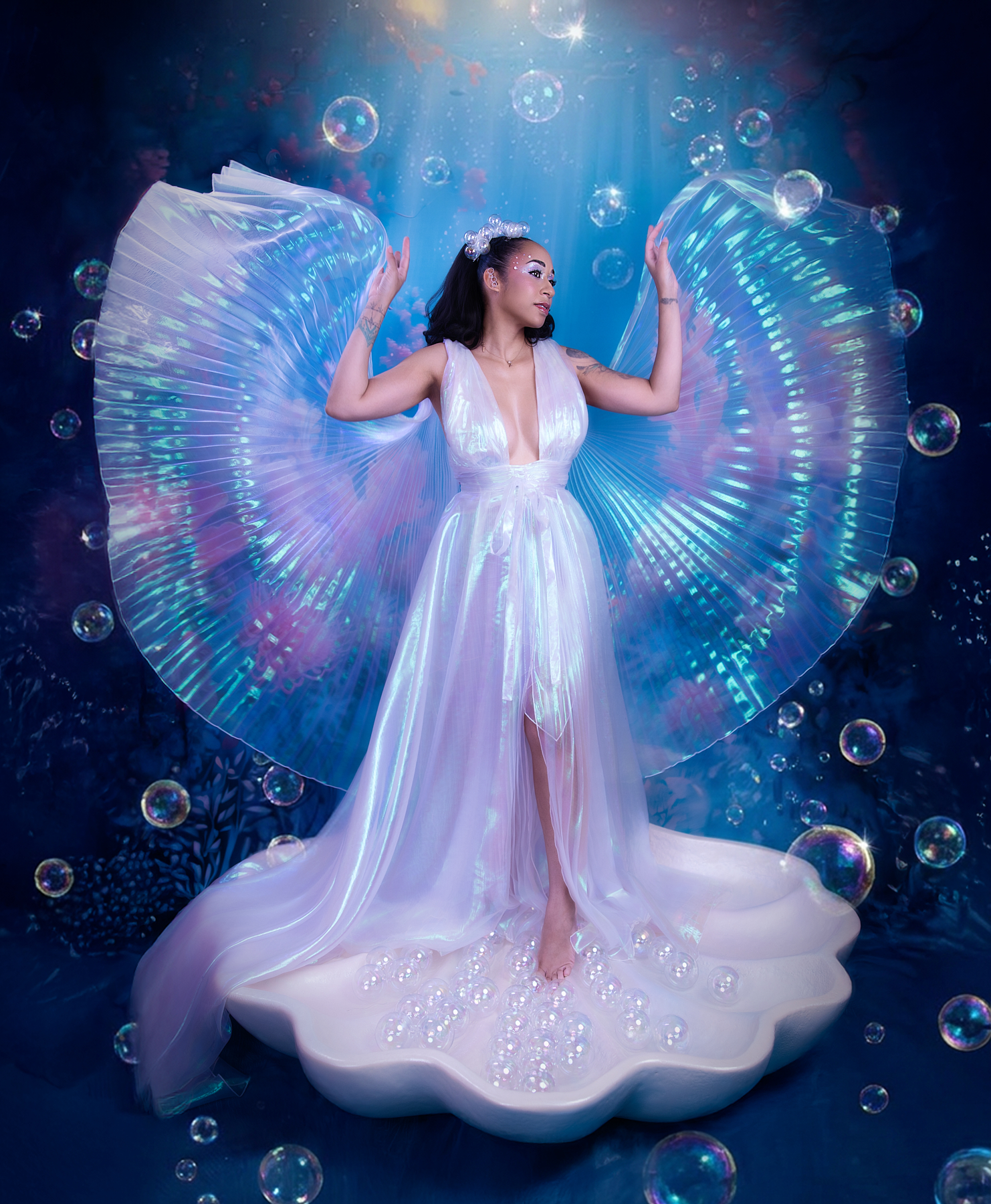 Siren with iridescent wings rising from a clamshell amid bubbles